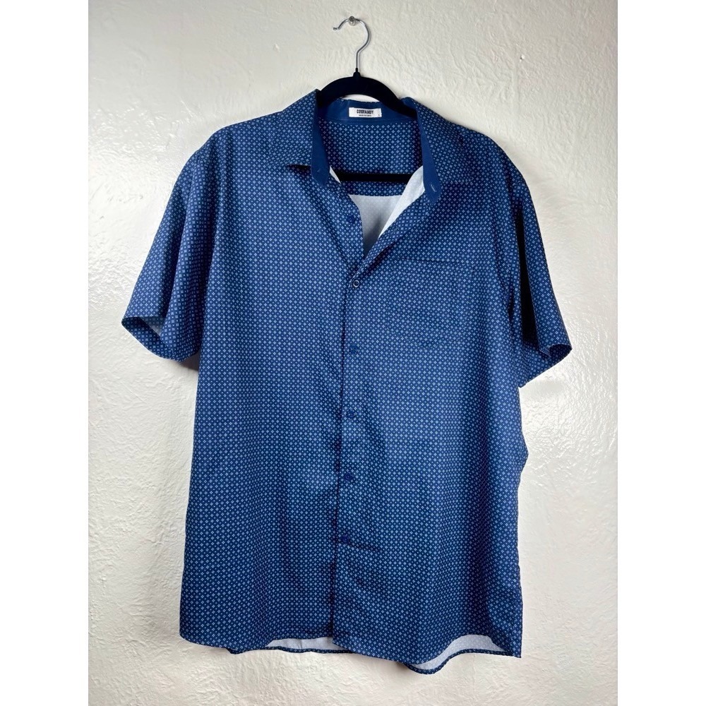 COOFANDY Men Large Blue Geometric Print Short Sleeve Button Up Shirt‎